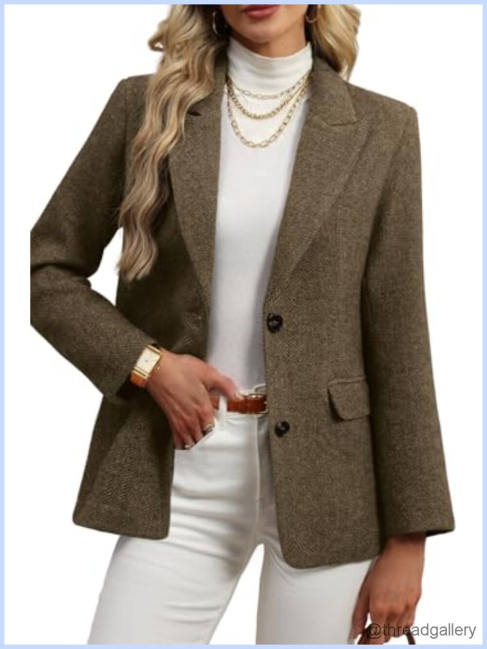 Wool Blend Tweed Herringbone Blazer Notch Lapel Business Casual